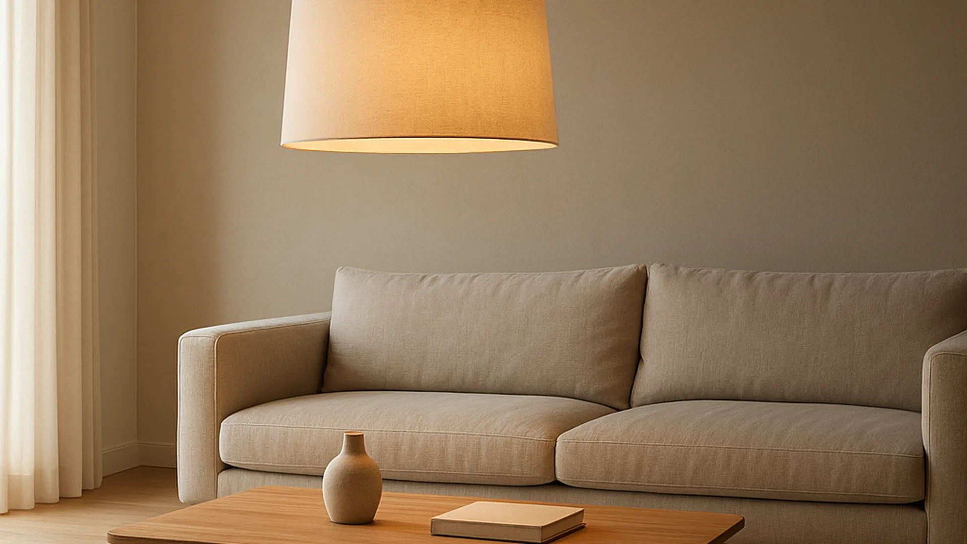 Lichte woonkamer met een warme hanglamp boven een houten salontafel