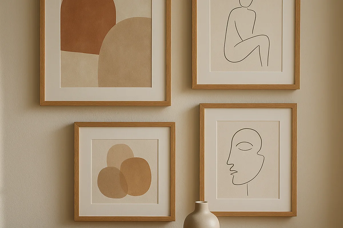 Detail van een galerijwand met ingelijste prints boven een dressoir