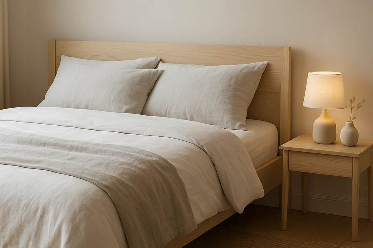 Scandinavische slaapkamer met lichtgrijs linnen beddengoed en houten nachtkastje